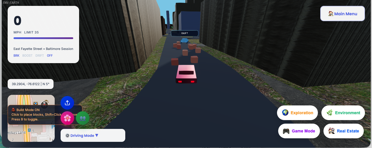 Driving mode in the same Baltimore session with obstacles and teammate ahead