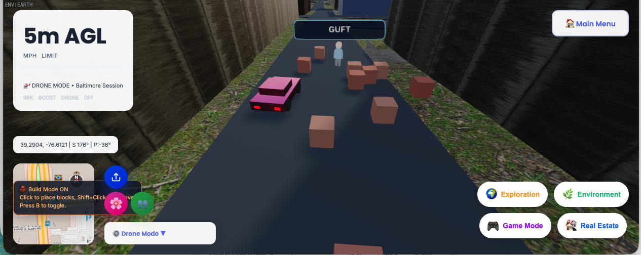 Drone mode above the same alley showing 5 meter AGL HUD telemetry