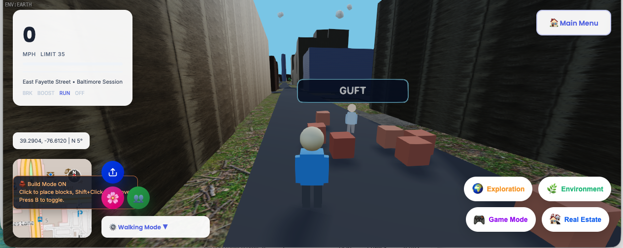 Walking mode in a Baltimore alley session with GUFT teammate tag