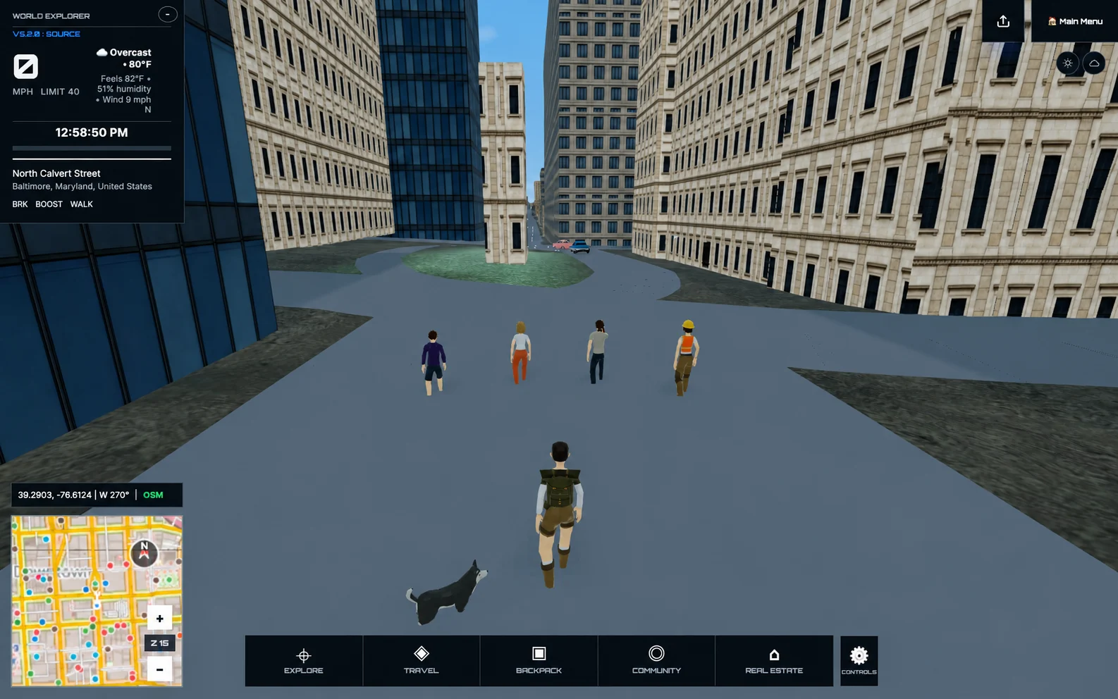 An explorer and dog beside the current BMW, pedestrians, and traffic in World Explorer 3D